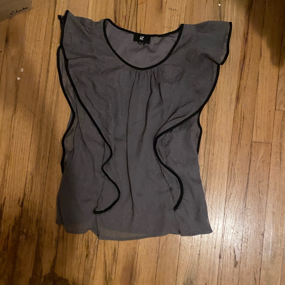 Iz Byer Sheer Gray Blouse with Black Trim